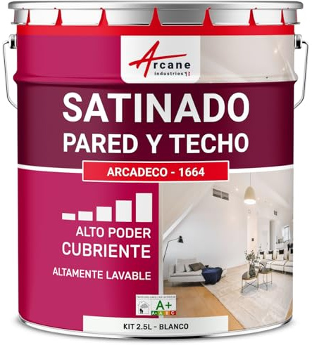 Pintura Pared Satinada Lavable Paredes y Techos - ARCADECO 2,5 L Blanco