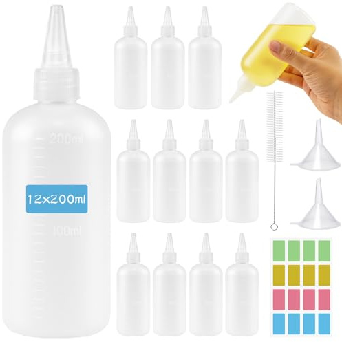 Ferenando 12 Piezas Botellas Exprimible Aceite de Plastico Reutilizable, 200ml Botella de Salsa, Squeeze Bottle con Escala Tapa de Punta, Dispensador de Botellas para Ketchup, Salsas, Aceite de Oliva