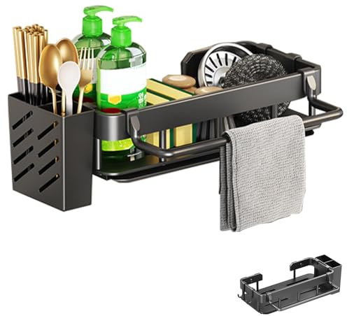 Fiacvrs Kitchen Sink Caddy Sponge Holder with Tray, Sink Tidy Organizer | Stainless Steel Rack with Brush and Dishcloth Holder,Towel Holder and Divider Gadgets Organizer for Counter, Black