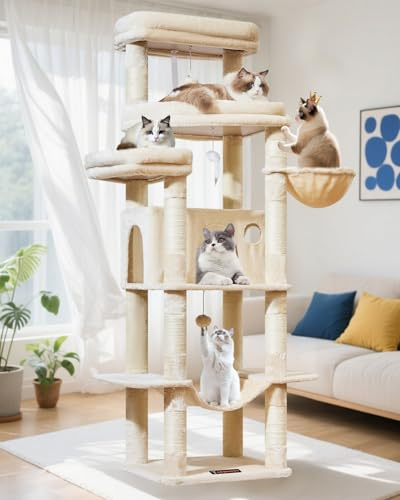 Taoqimiao Rascador para Gatos 180cm, Ideal para Gatos Grandes de +9 kg, con 3 amplias Plataformas, 9 Postes de sisal para arañar, casa Acolchada, Hamaca y Cesta de Lujo, MS034M Beige