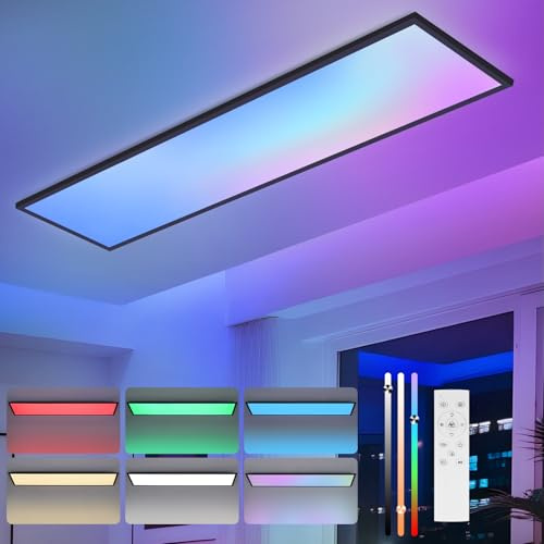 Woiledlt Deckenlampe LED Panel Dimmbar - LED Deckenleuchte RGB Farbwechsel | Deckenpanel Küchenlampe 24W 100x25cm Schwarz Flach Lang Bürolampe mit Fernbedienung für Esszimmer Schlafzimmer Wohnzimmer