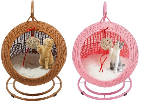 Columpio para gatos para interior y exterior, 66 cm, 7,5 kg, cojín extraíble, silla para gatos, para interiores, función mecedora, base de doble disco, cesta para gatos, para dormitorios, salones