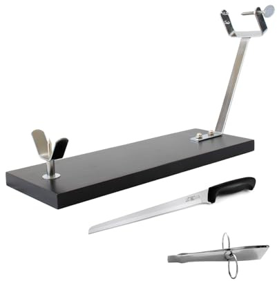 Fackelmann Set Jamonero XXL Negro, Madera de Pino Resistente 48x30x17 cm, Base Estable para Jamones Grandes, incluye Cuchillo Jamonero 23/34 cm y Pinzas para Jamón Acero Inoxidable 11 cm