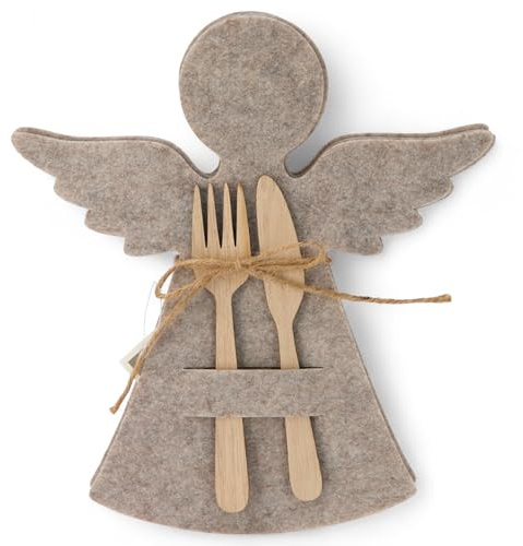 MIJOMA Besteckhalter Engel 4er Set aus Filz – Tischdeko Weihnachten – Platz für Besteck – 20x22 cm – Jute-Kordel – Dekorativer Besteckhalter für festliche Tafel (Hellbraun)