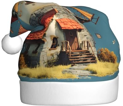 HHGFASD A small house with windmill Pattern Christmas Hat for Adult material is soft and lightweight