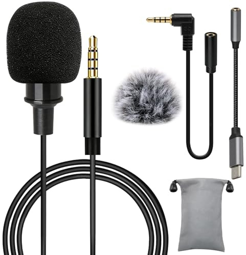 Pmqs Micrófono de Solapa Omnidireccional lavalier Micrófono con 2M Cable Parabrisas Type-C Adaptadores, 3.5mm Audio Cables para Grabación Entrevista Videoconferencia Podcast Dicción de Voz Phone