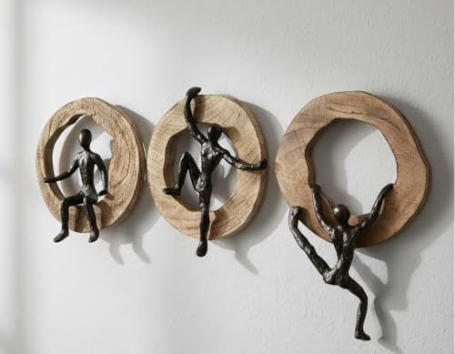 MF Ascendia Wandskulptur, 3-teiliges Set, Kletterfiguren in Bronzeoptik, Mangoholz und Aluminium, 18x28 cm, Modern Art Deco Stil, Wohnzimmer Dekoration