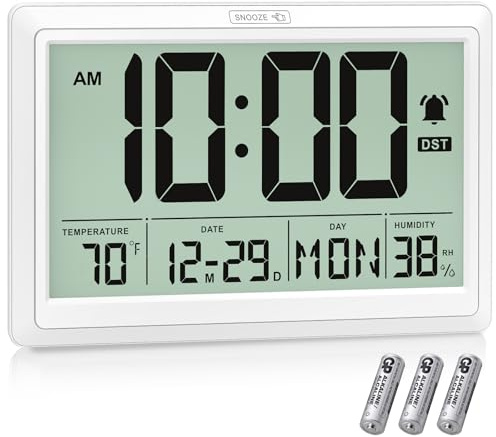 Xflyee 10.4'' Digital Wall Clock Battery Operated with Date/Temp/Week, Touch Snooze Function, Alarm, Temperature & Humidity - Easy to Read and Set, Auto DST
