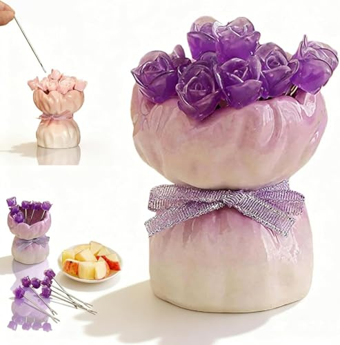 12 forchette da frutta a forma di rosa con elegante vaso in ceramica, set di forchette da frutta a forma di rosa, set creativo per la tavola per casa, cucina, feste e sala da pranzo (viola)