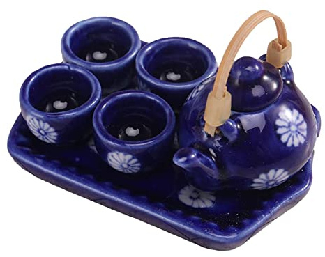 Juego de té en miniatura para casa de muñecas, accesorios para decoración de cocina, color azul marino