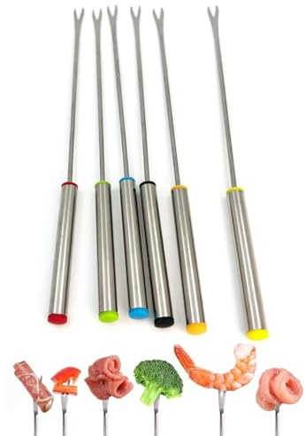 6 PCS Durable Stainless Steel Fondue Forks, 9.5-Inch Multi-Purpose Color-Coded Skewers for Cheese, Chocolate, Meat, Fruits, Marshmallows & Dessert