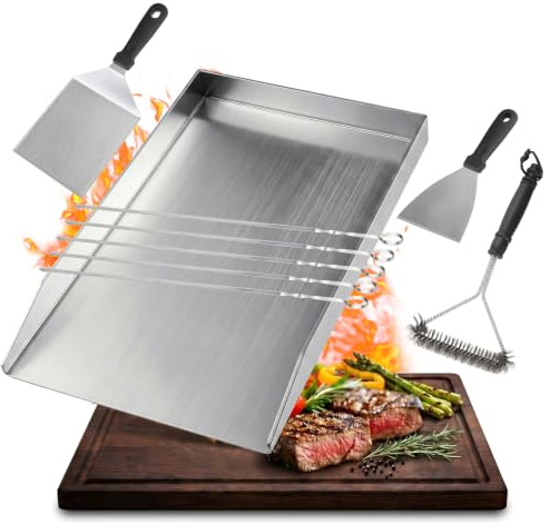SMOOL Plancha Grillplatta 42 x 33,5 cm, 4 mm rostfritt stål, för gasgrill | Kolgrill och elektrisk grill – grillplatt-set med grillspatel, grillspett och rengöringsborste, med läckagesäkra hörn