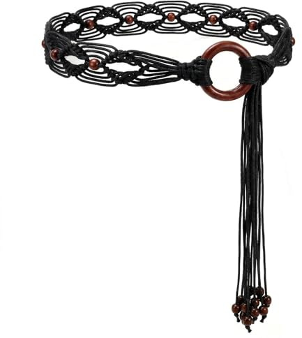 WHIPPY Boho Geflochtener Gürtel für Damen mit handgewebtem Wachsseil Landhaus-Quastengürtel für Kleider, 5 cm breit