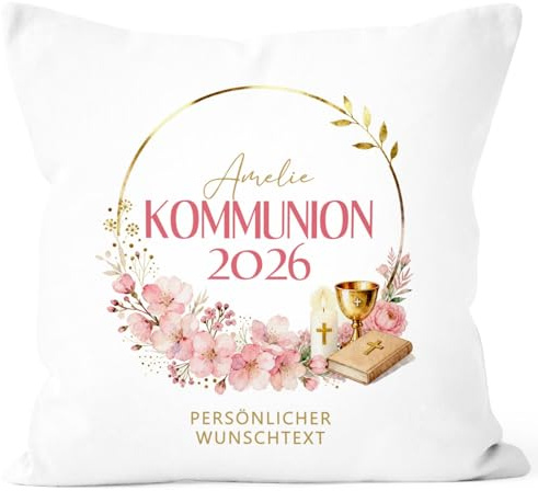 SpecialMe® Kissen-Bezug Geschenkidee Kommunion 2026 personalisiert mit Namen Wunschtext - Design Kirschblüte - Baumwolle Kissenhülle 40x40 Standard