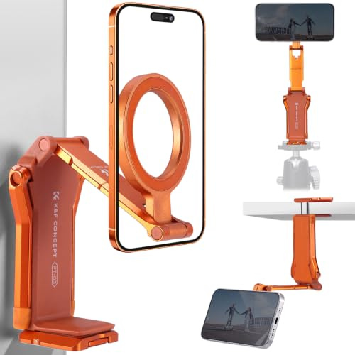 K&F CONCEPT 4‑en‑1 Trípode Magnético para Teléfono, Imanes Doble Cara | 15N/20N, Modos: Trípode, Pinza, Superficie Magnética, Gimbal, Brazo 270°, Arca-Swiss & 1/4, Naranja -PT03