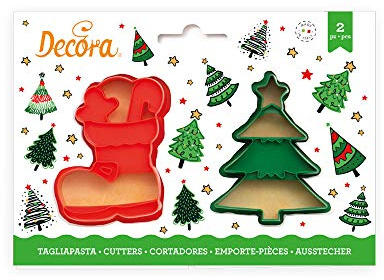 Decora 0255096 Set 2 Tagliapasta Albero Natale E Scarpone In Plastica, Il Kit Ideale per Creare Decorazioni in Pasta di Zucchero o di Gomma, Made in Italy, Design originale. Confezione da 2 pezzi.