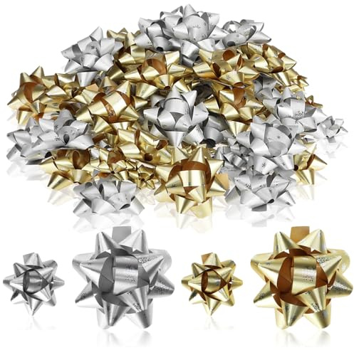 com-four® 100x Lazos Colores: Lazos Decorativos autoadhesivos en tamaños Grandes y pequeños con patrón de Copos de Nieve para Navidad (100 Piezas - Copos - Oro + Plata)