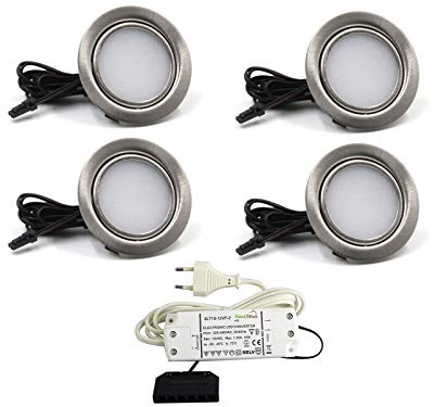 vislux LED Einbaustrahler 12V 3000K Warmweiß 3W, einbaustrahler LED flache 12V/230V 190LM Bohrloch 55-60mm und 16mm flach, Möbeleinbauleuchte Einbauspots mit 1,8m Kabel, Edelstahlgebürstet - (4er SET)