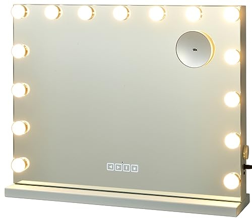 COSTWAY Specchio per Trucco Illuminato con 15 Lampadine LED, 58x48 cm | Specchio da Toeletta con Controllo Touch, 3 Modalità di Colore, Altoparlante Bluetooth, USB, per Scrivania o Muro