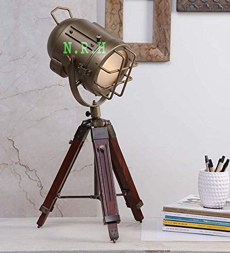 Nautical Replica Hub Hollywood Tripod Table Lamp Studio Spot Light Wooden Base Antique Finish