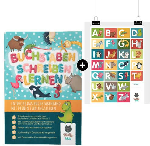 WOLFF KIDS ABC Poster con taccuino ABC per imparare a scrivere, con animali, poster 2 in 1 con lettere e quaderno ABC, esercizi di scrittura, asilo e scuola materna, prima classe I preparazione
