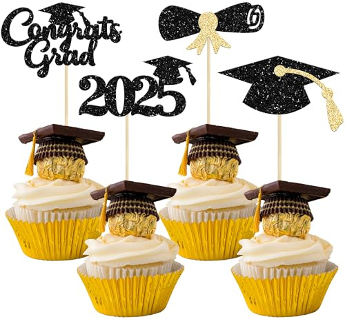 Gyufise 24Pcs Graduation Cupcake Toppers - Class of 2024 Graduation Cap Diploma Cupcake Picks - Gold