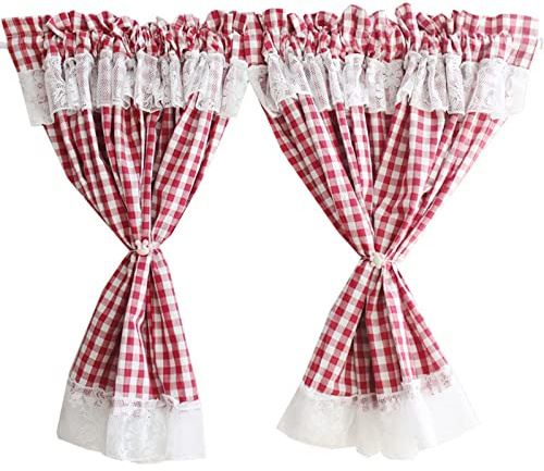 A.Monamour Gardine Scheibengardinen Kurzstores Bauernhaus Baumwolle Blickdicht Weiß Rote Karos Kariert Weißer Voile Spitze Kurzgardinen Küchengardine Fenster Kurz Vorhang Bistrogardine - 2 Stücke