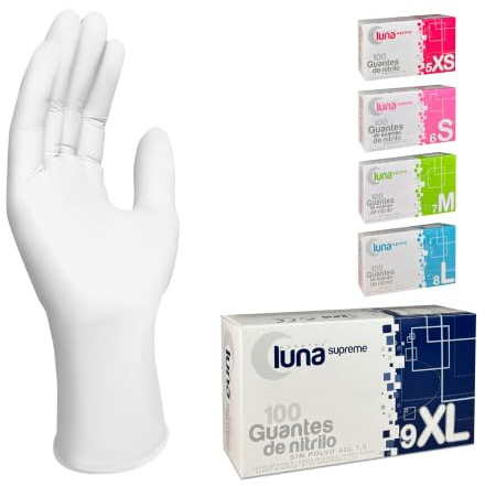 MUNTRADE Guantes Desechables de Nitrilo - 100 unidades/caja, Sin Polvo, Sin Látex - Todas las tallas (XL, Blanco)
