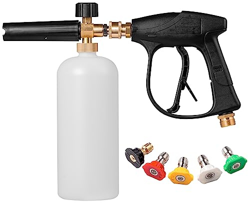 YUET 1/4 Quick Release Pressure Washer Snow Foam Cannon Lance Gun - 1L Bottle, 5 Color Nozzles Tips, and Adjustable Foam Lance Gun for Courtyard Cleaning