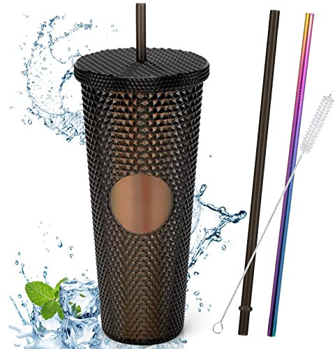 TELANKS Trinkbecher mit Deckel und Strohhalm 710 ml, Plastikbecher mit Deckel und Strohhalm, Tumbler Cup, Wiederverwendbarem Doppelwandiger Plastik Nieten Becher