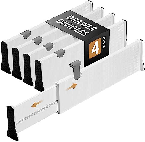 Cinnani Schubladentrenner Verstellbar, 4er-Set Schubladenteiler, Schubladeneinteiler Kunststoff, Schubladen Organizer Schubladen Trennsystem für Küche, Schrank, Kommode, Schlafzimmer, Badezimmer, Büro