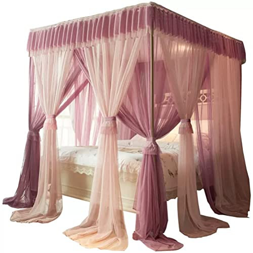 OKUOKA Rosa Moskitonetz für Doppelbetten, romantische Dekoration für Schlafzimmer für Erwachsene, Bettvorhang, mit Metallhalterung (Größe: 150 x 200 cm/59 x 79 Zoll)