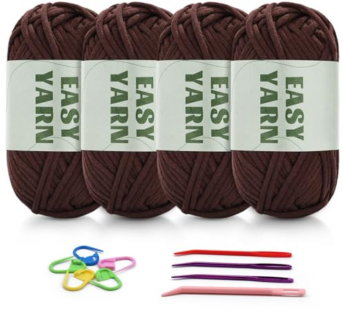 4 Pezzi di Filato Marrone Scuro per Uncinetto e Maglia - Cotone Grosso per Principianti, Maglie Ben Visibili, Spesso (4 X 50 g) - Con Accessori