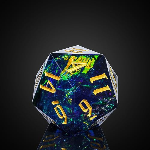 Cusdie Dadi D20 da 33mm per D&D con spigoli vivi e inclusioni in lamina glitter, singolo dado a 20 facce, per gioco di ruolo Dungeons and Dragons, regalo (Nero Blu)