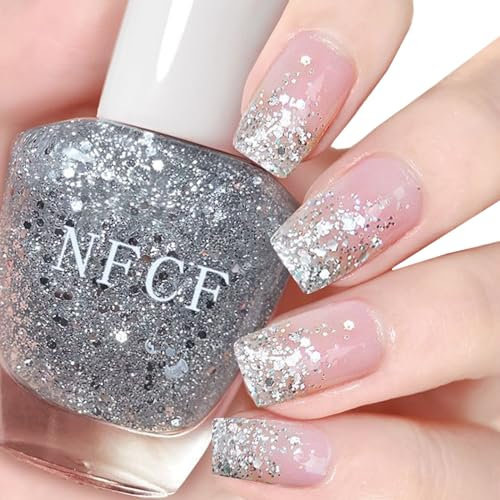 Glitter Nail Polish - Flash Shinny Silver Varnish - Quick Drying & Long Lasting - No Need Baking & Easy to Apply for Women (Glitter Sliver)