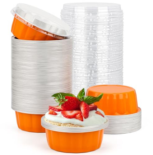 Beasea Lot de 100 ramequins jetables pour la pâtisserie, 236,8 g, en aluminium avec couvercles, pour crème brûlée, muffins, cupcakes, pudding, fête, mariage, anniversaire – Orange