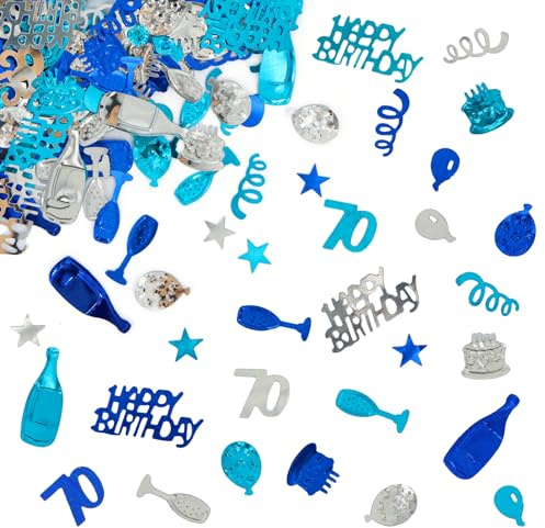 Giftota Konfetti Happy 70th Birthday, 100 g, Zahl 70, Tischstreuung, Metallfolie, Dekorationen für Geburtstagsparty, Bastelarbeiten, Blau und Silber