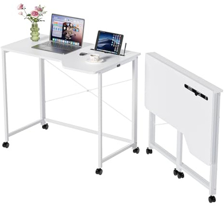 Lvhecforhm Scrivania Pieghevole, Tavolo da Scrivania Pieghevole per Computer, Bianco Tavolo, Scrivania Ufficio Salvaspazio, Richiudibile Cameretta, Tavolo da Lavoro