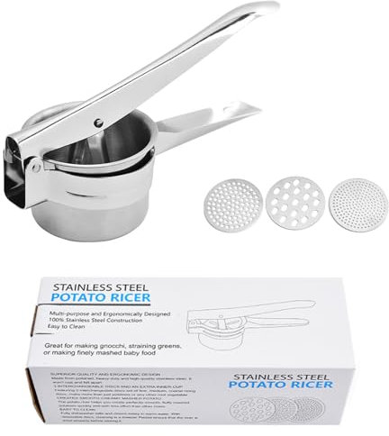ieron Prensador de patatas de acero inoxidable de grado alimenticio, prensa de ajos y frutas con 3 discos intercambiables, prensa multifuncional para patatas, puré, frutas y verduras