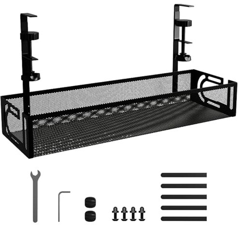 Mecmbj Under Desk Cable Management Tray, No Drill, Metal Mesh Wire Management Tray, Cable Management Under Desk with Clamp Mount, Cord Organizer for Office, Home(Black 1,40 * 13 * 7cm)