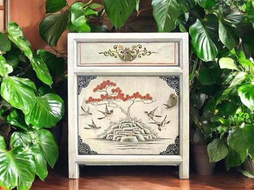 OPIUM OUTLET Möbel Nachtkästchen Nachttisch Nachtkommode Nachtschrank Schrank Kommode Vintage chinesisch asiatisch orientalisch handbemalt Holz komplett montiert hellgrau beige