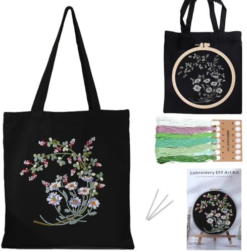 TYXHXTF Svart canvas korsstygn broderisats, tygväska broderi, nybörjarsats, vuxen hantverk, blommönster, inkluderar instruktioner, broderiringar och tygpåse