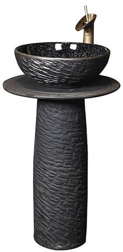 ZTGL Freistehende Standwaschbecken, Säulen-Waschplatz mit Wasserhahn und Abfluss-Kombinat, Retro-Design Waschtisch Waschbecken aus Handgeschnitzte Keramik,Without Mirror