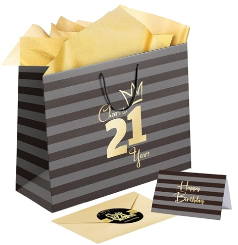 Sumerk 1 Stück 13 Geschenktüte 21 Geburtstag Mann 21st Birstday Gift Bag wist Tissue Paper Birstday Greeting Cards Stickers Paper Gift Bags for Women Men Girls