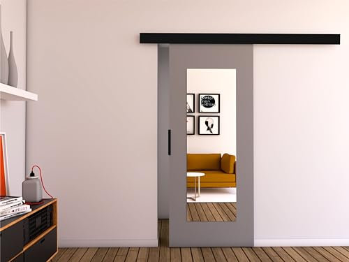 MINIO go for it - Schiebetüren 86 cm mit Spiegel, Schiebetür Zimmertür PRIM I, Schiebetürsystem für Zimmer, Dekorative Elemente, Wandmontage, Türe Innen - Grau/Schwarz