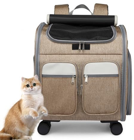 PJDDP Sac De Transport pour Chien/Chat À roulettes, 2 en 1 Trolley Chariot Sac A Dos De Voyage avec roulettes Et Poignée Au Manche Télescopique pour Chiens, Chats, Animaux,Marron