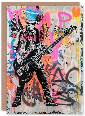 Artery8 Greeting Card Punk Music Bass Guitarist Colourful Street Art Blank For Him Or Her Art Birthday Card