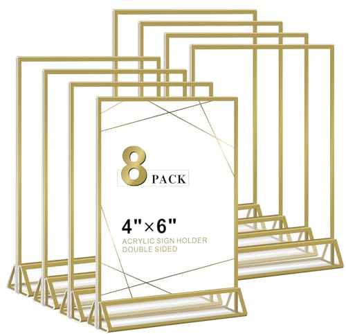 Acrylic Sign Holder 4x6 - 8 Pack Gold Picture Frame Double-Sided Table Sign Holder Vertical Display Stand Plastic Paper Holder -Vendor Booth Display Items Suitable for Wedding Office Store Party