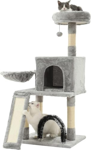 HOOPET Kratzbaum für Indoor-Katzen mit Kratzbaum, Hängematte, Haus, Höhle, Selbstpflegebürste, mehrstufiger Katzenturm mit Kletterleiter für Kätzchen, 111,8 cm, Grau
