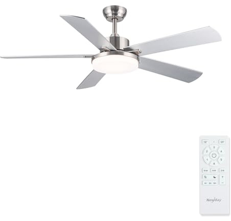 Newday 107cm Deckenventilator 5 Flügel Silber mit Beleuchtung Leise | mit Licht und Fernbedienung, Ventilator Lampe Decke Reversibel mit 3 Timer für Schlafzimmer Wohnzimmer Terrasse